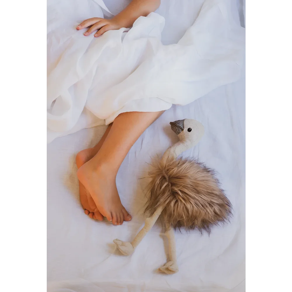 The ostrich soft toy is a plush fluffy beige stuffed animal with a gray beak by angus oliver canada