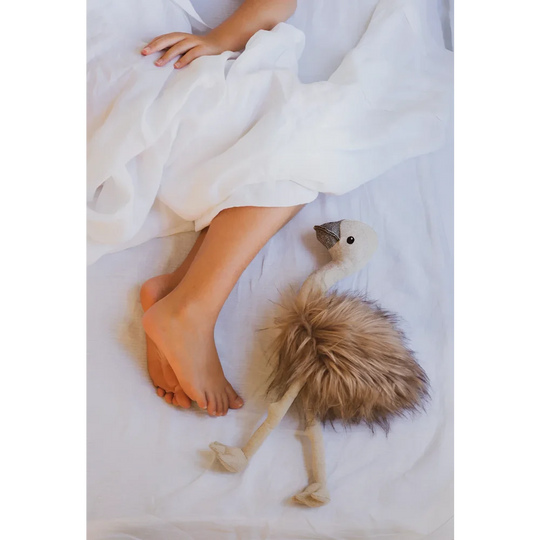 The ostrich soft toy is a plush fluffy beige stuffed animal with a gray beak by angus oliver canada