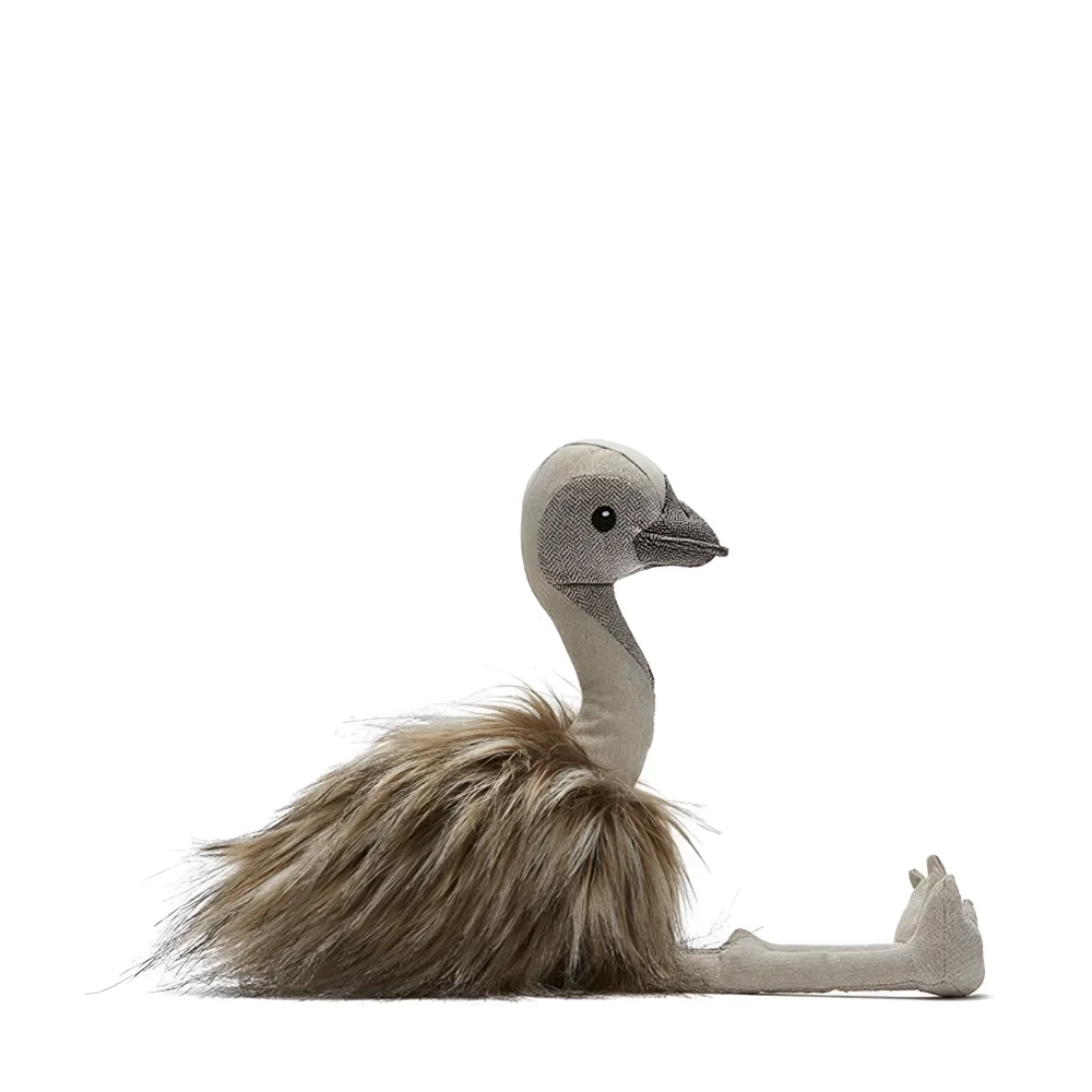 The ostrich soft toy plush emu with gray fabric body and fluffy brown fur, perfect beside angus oliver sheepskin rugs canada