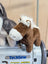 Brown plush horse with white mane and muzzle sitting on a gray techsew sewing machine in the pony product