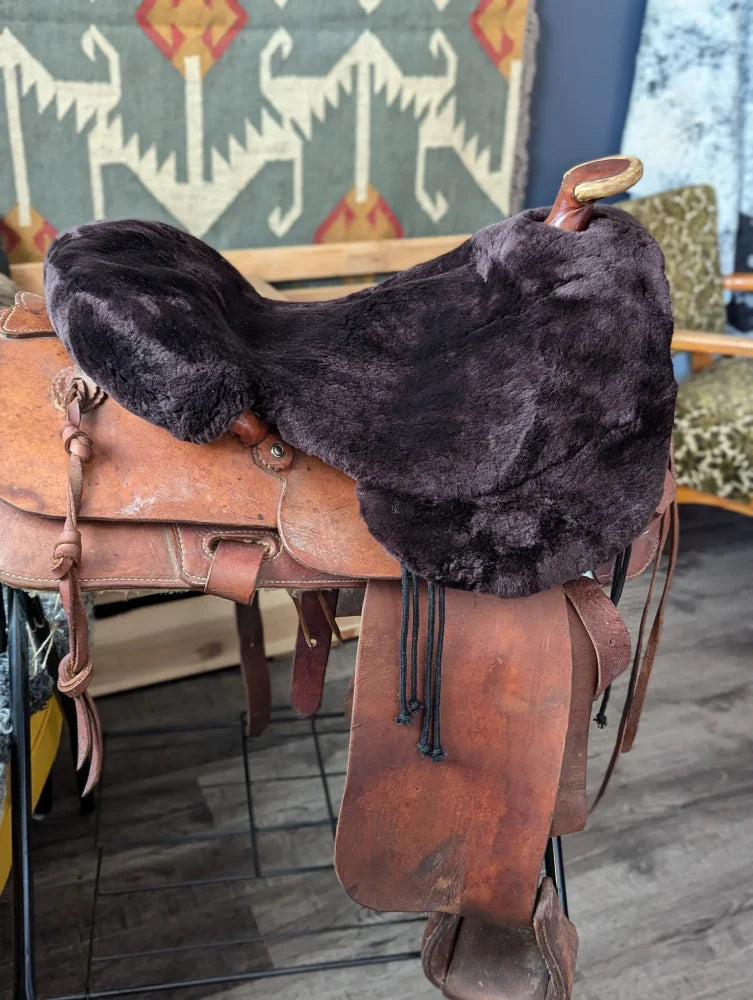 Brown merino sheepskin western saddle cover with leather saddle, fur pad, wooden stirrup