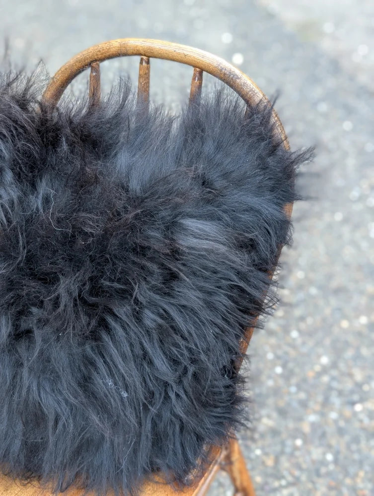 Black fluffy icelandic sheepskin throw with long wool draped over wooden chair from the yeti cushion cowhide natural black collection