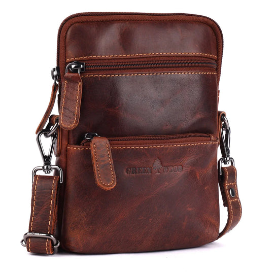Timber mini crossbody bag in brown leather with tan stitching