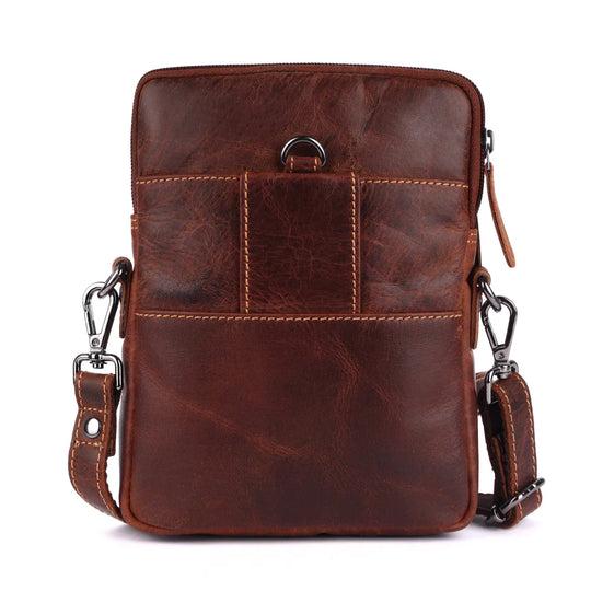 Timber mini crossbody leather bag in brown with stitching and metal hardware