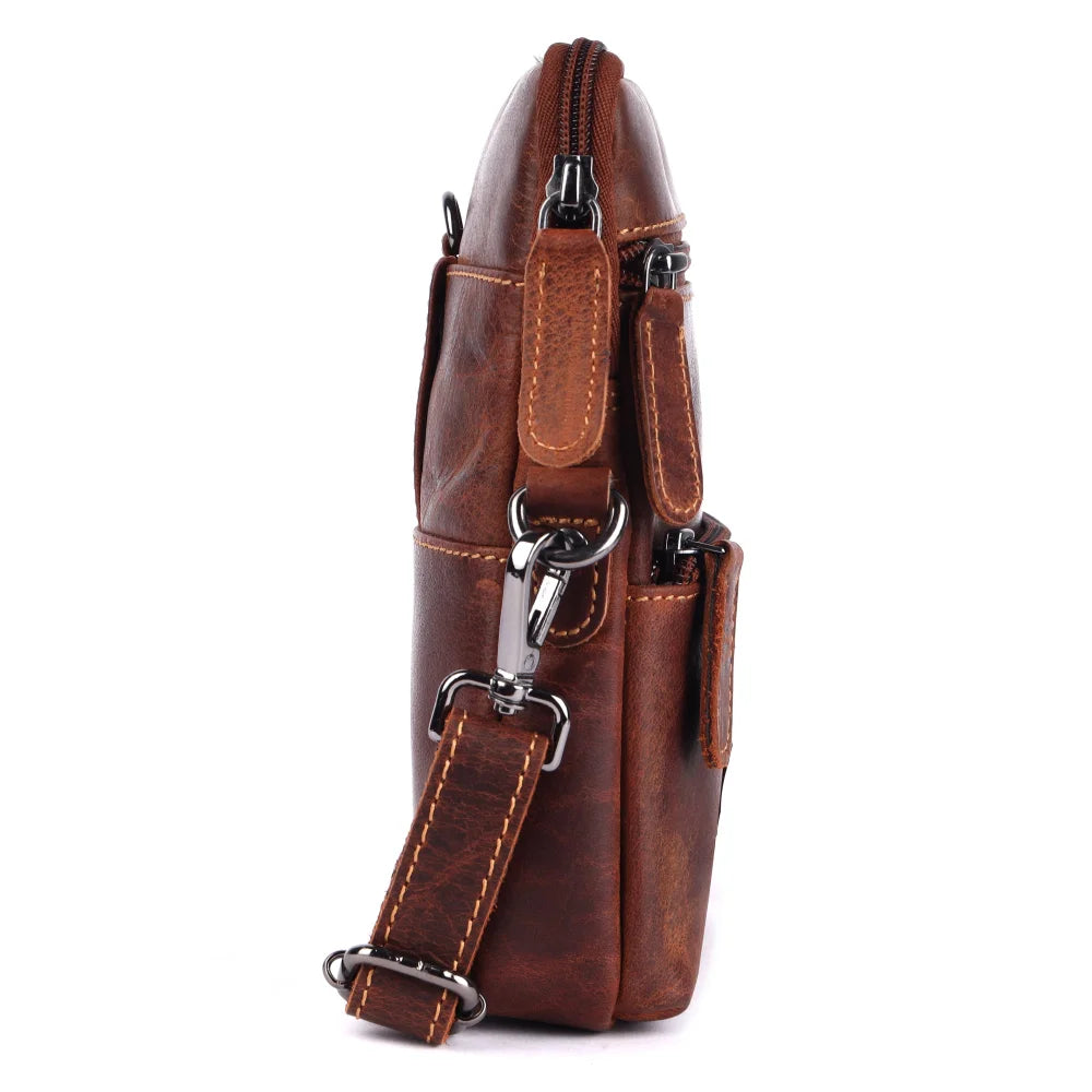 Timber mini crossbody leather bag in brown with stitching and metal hardware