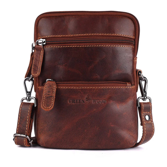 Timber mini crossbody leather bag with green wood logo