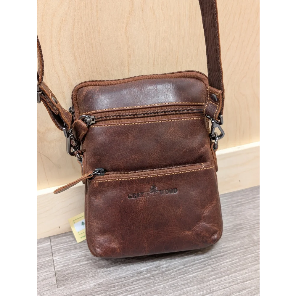 Timber mini crossbody brown leather bag with zip compartments and logo
