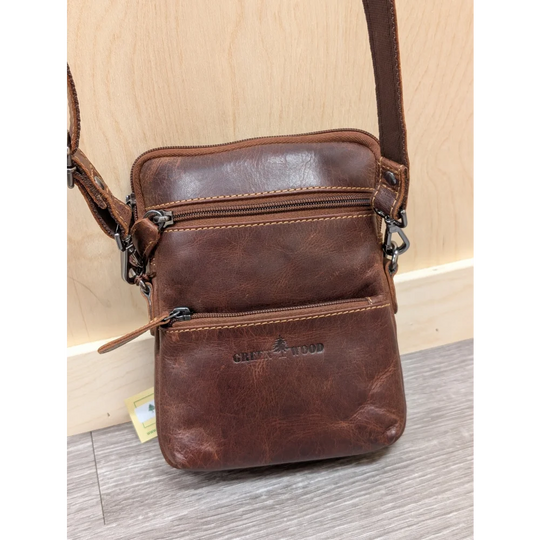 Timber mini crossbody brown leather bag with zip compartments and logo