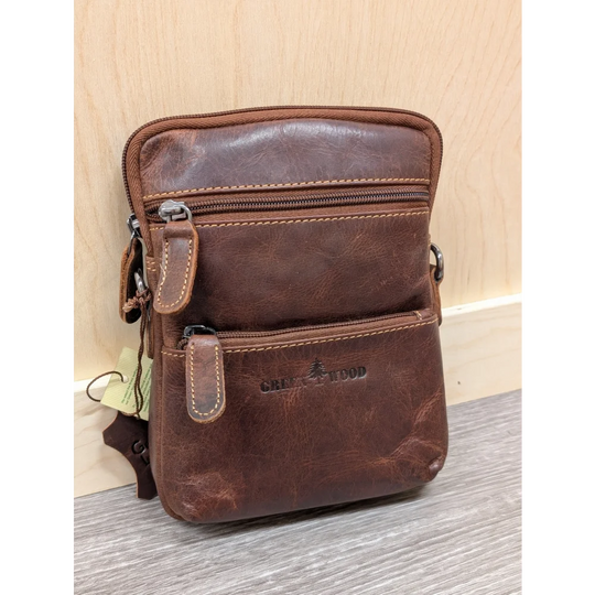 Timber mini crossbody leather bag with green wood logo and stitching