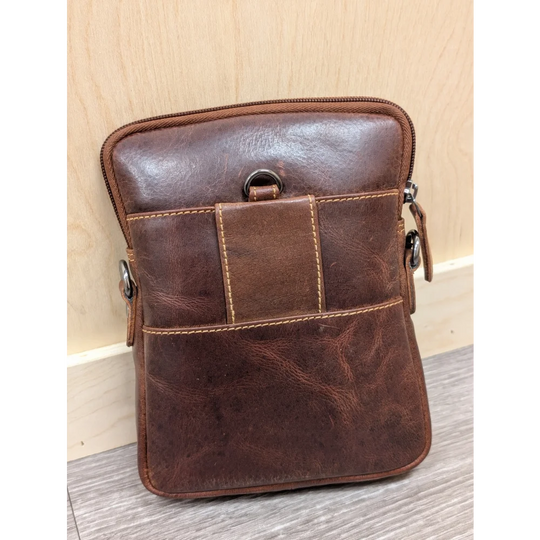 Timber mini crossbody leather bag in brown with stitching and metal hardware