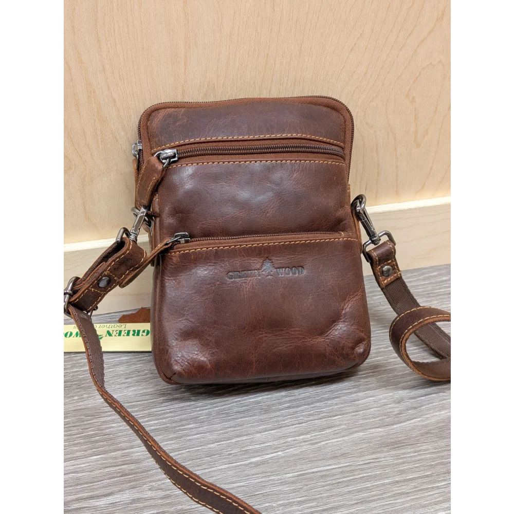 Timber mini crossbody leather bag in brown with stitching and logo