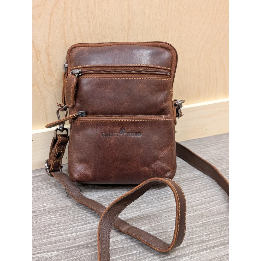 Timber mini crossbody brown leather bag with zip compartments and logo
