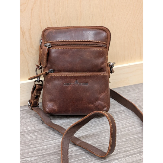 Timber mini crossbody brown leather bag with zip compartments and logo