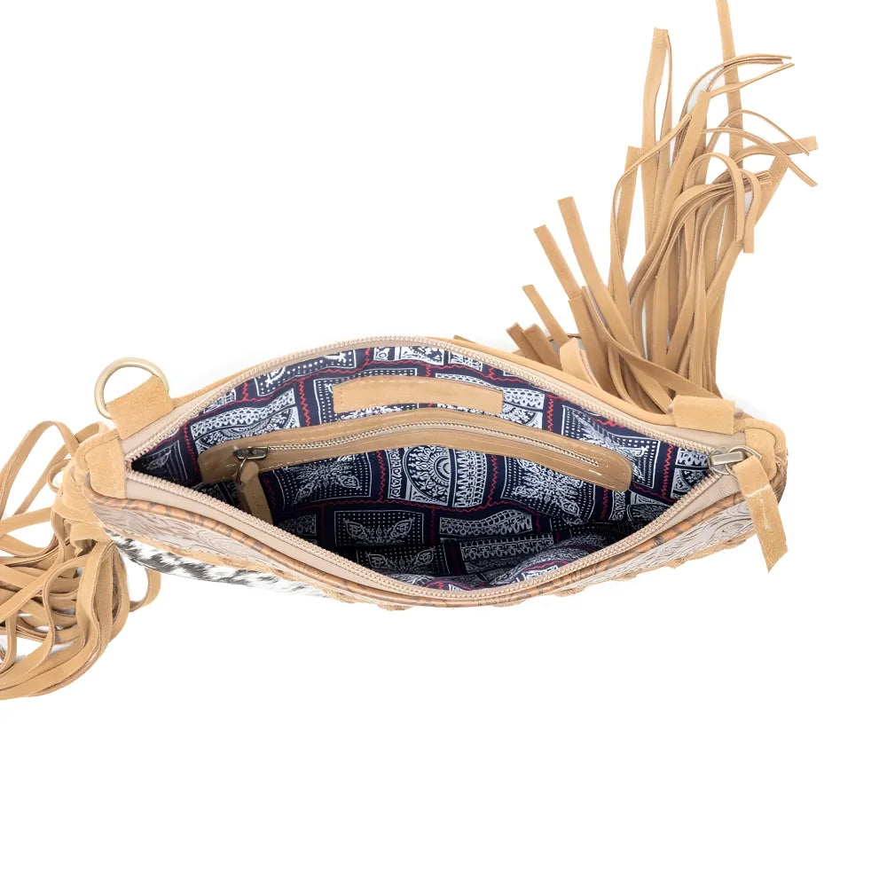 Timber Trail tan fringed leather bag with hairon body in bronze porcelain
