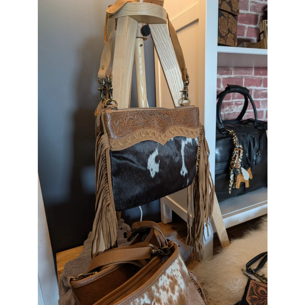 Timber Trail leather bag with hairon body, tan fringe, tooled flap
