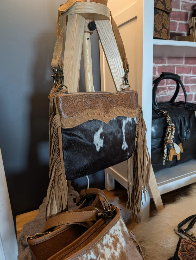 Timber Trail leather bag with hairon body, tan fringe, tooled flap