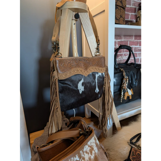 Timber Trail leather bag with hairon body, tan fringe, tooled flap