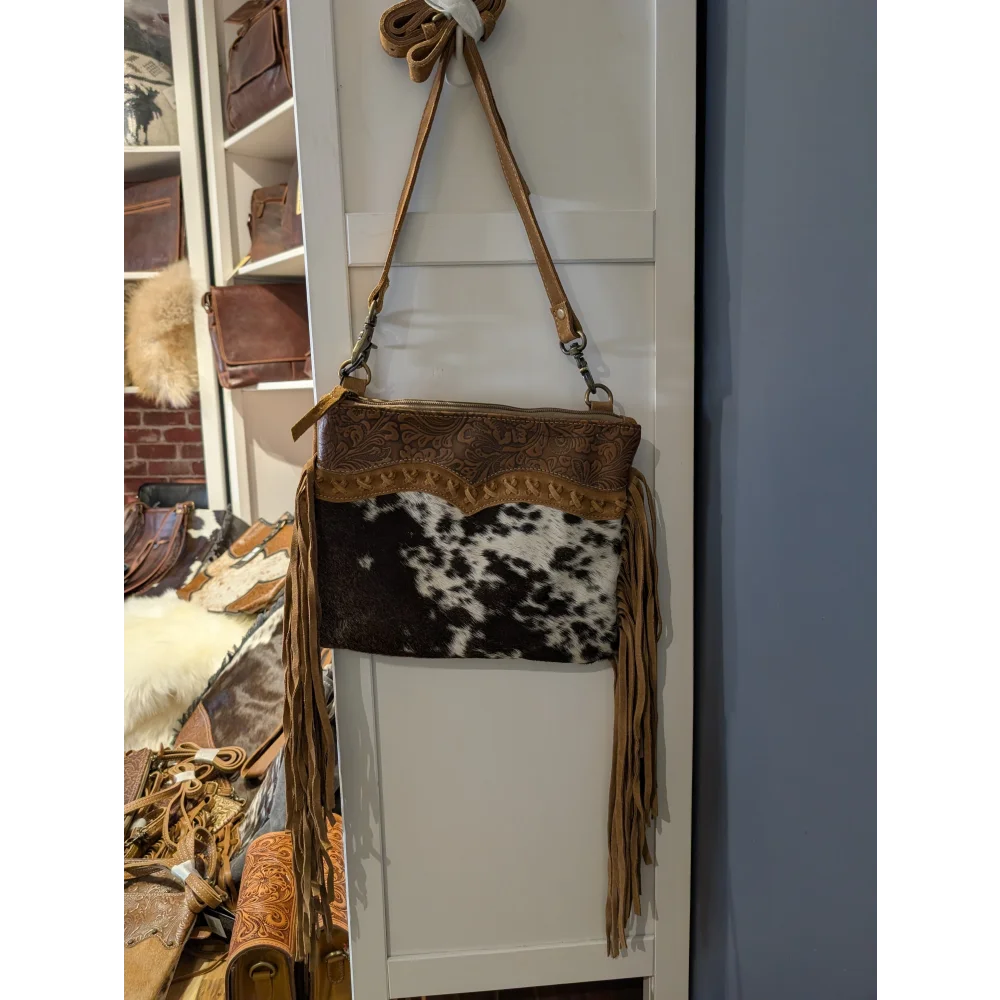 Timber Trail brown white hairon leather bag with tan fringe