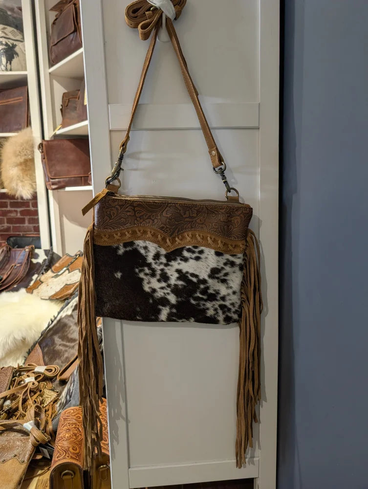 Timber Trail brown white hairon leather bag with tan fringe