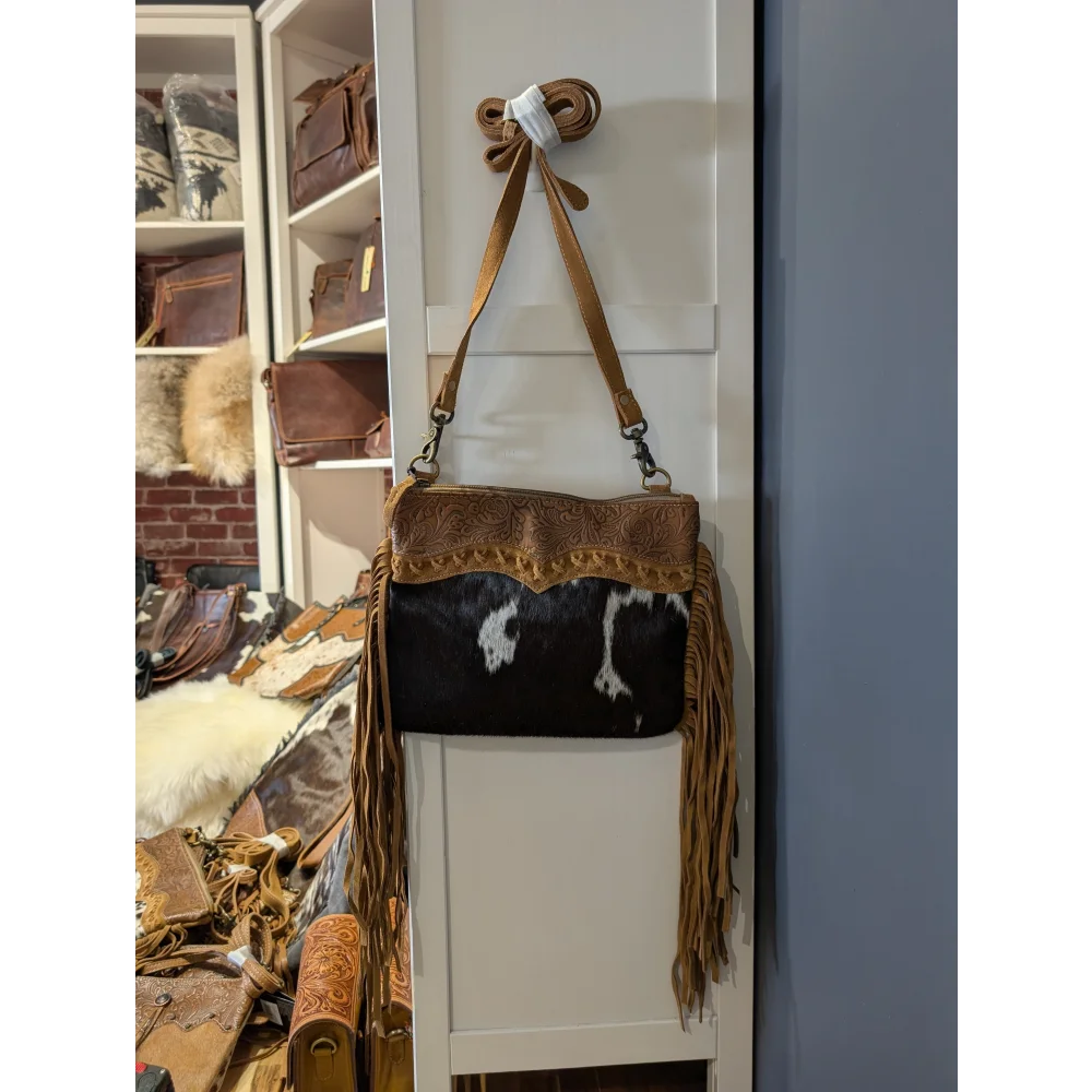 Timber Trail leather bag with hairon body and tan fringes