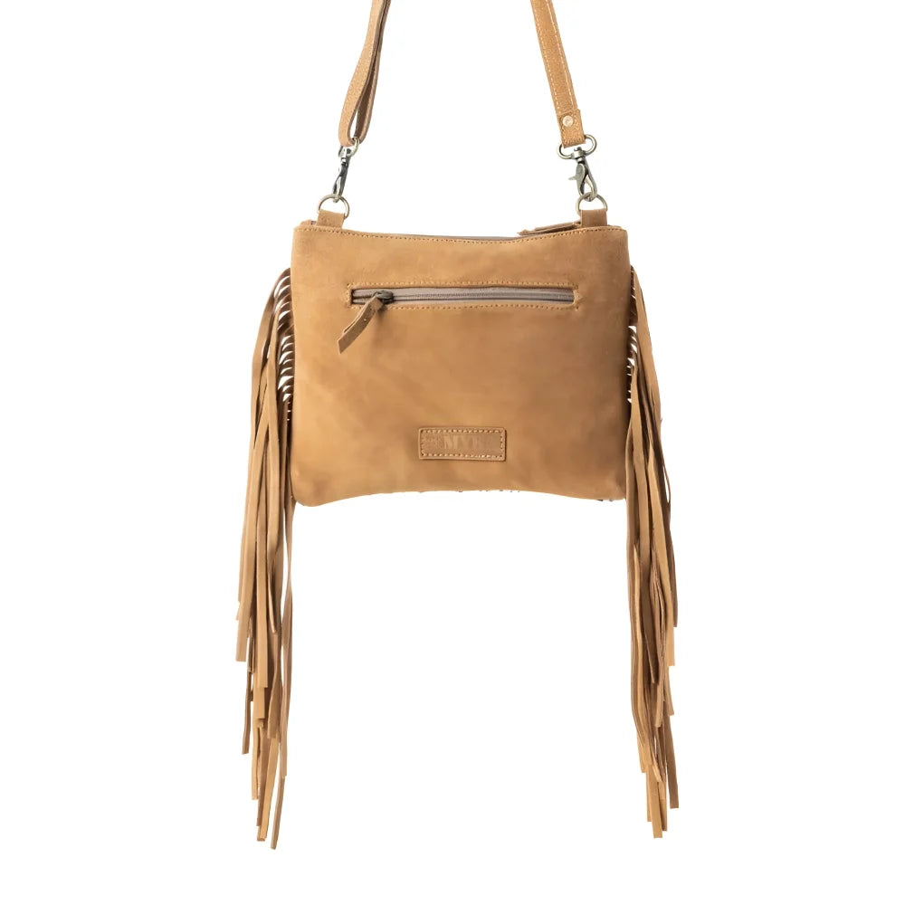 Timber Trail tan suede leather bag with fringes, zipper pocket