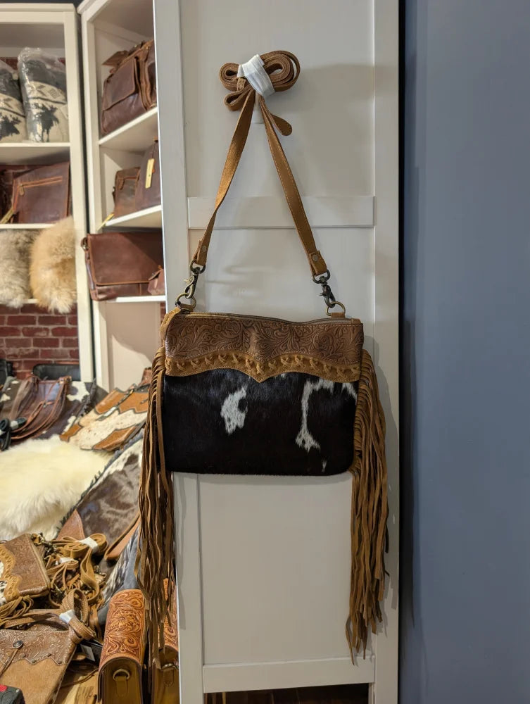 Timber Trail leather bag with hairon body and tan fringes