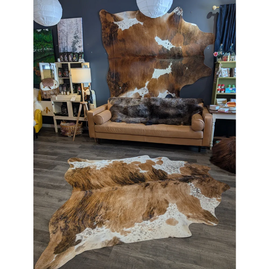Extra large brown and white cowhide rug with natural irregular patterns perfect for beautiful rugs and large cowhide fans