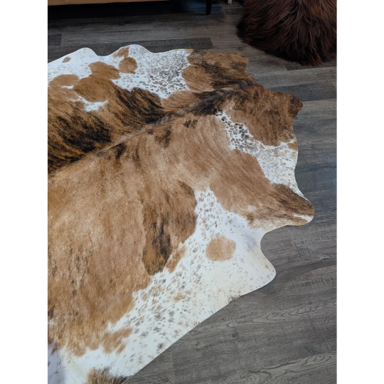 Brown and white extra large cowhide rug with natural fur texture perfect for beautiful rugs and large cowhide decor