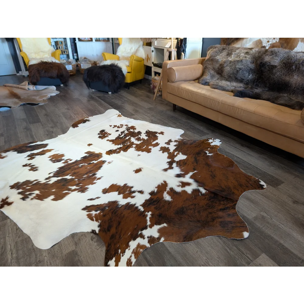 Brown and white large cowhide rug with natural fur texture extra large cowhide perfect for beautiful rugs decor