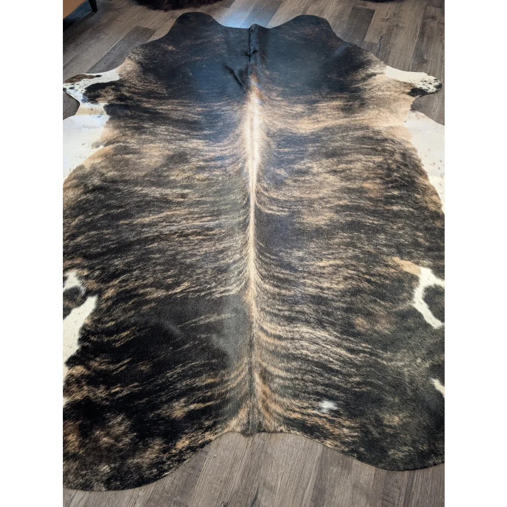 Extra large cowhide rug tri605 with a beautiful black white and tan marbled pattern perfect for large cowhide decor