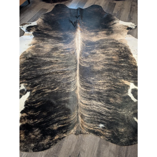 Extra large cowhide rug tri605 with a beautiful black white and tan marbled pattern perfect for large cowhide decor