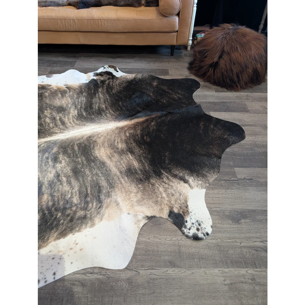 Tri605 extra large cowhide rug with striking black white and brownish gray marbling perfect for beautiful rugs and large cowhide use