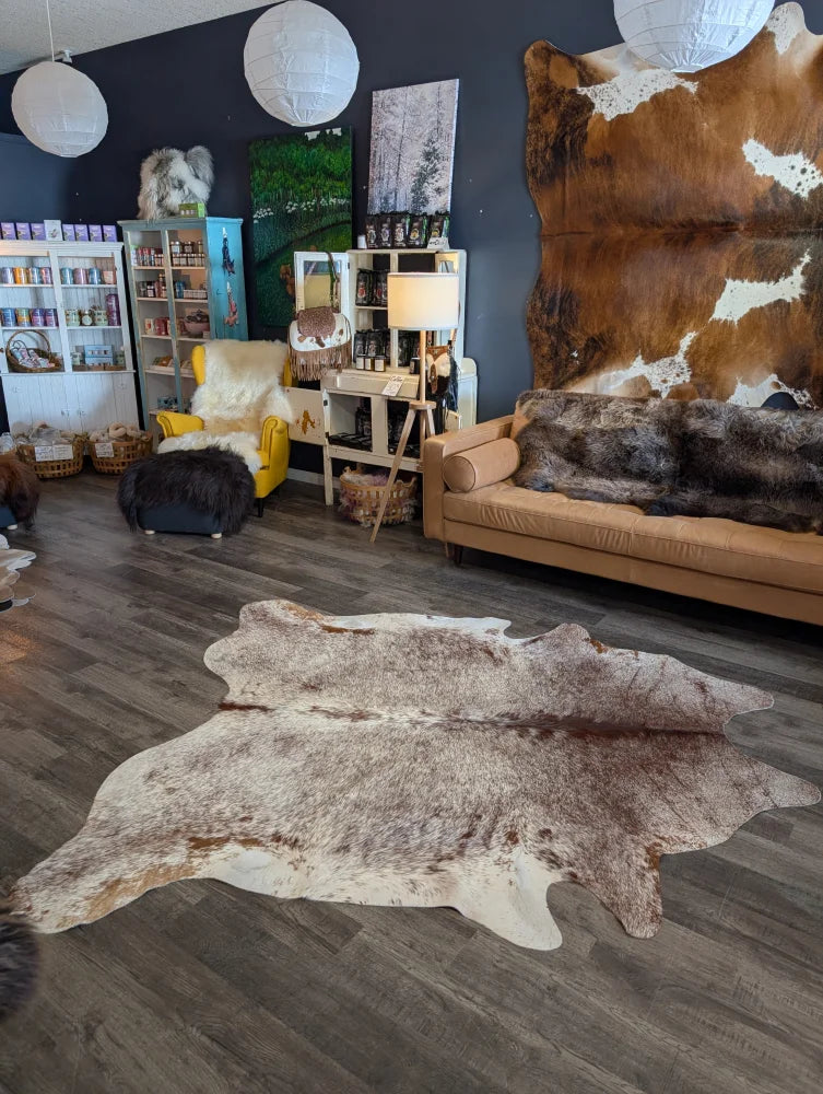 Extra large beautiful rugs with brown and white natural fur texture made from large cowhide perfect for decor