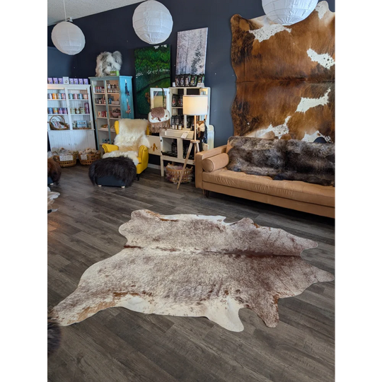 Extra large beautiful rugs with brown and white natural fur texture made from large cowhide perfect for decor