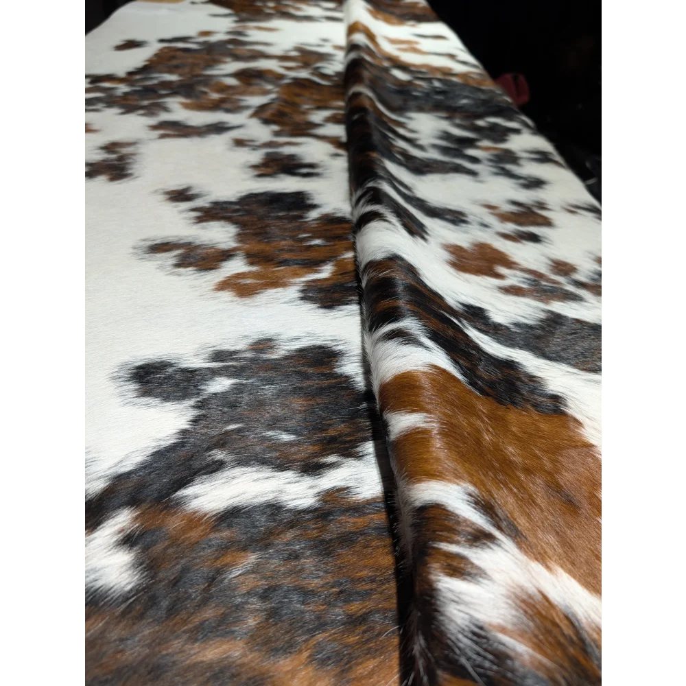 Extra large cowhide rug with brown, white, black spots, soft underfoot