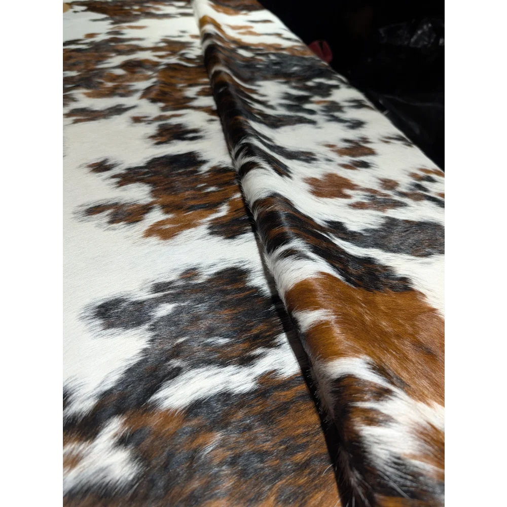 Extra large Tricolor cowhide rug with brown, black, white spots, soft underfoot