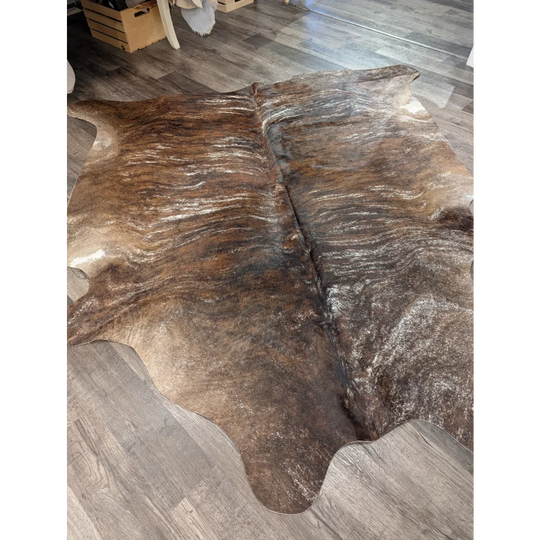 Brown and black extra large cowhide rug tricolour 117 with rustic charm and unique textured patterns