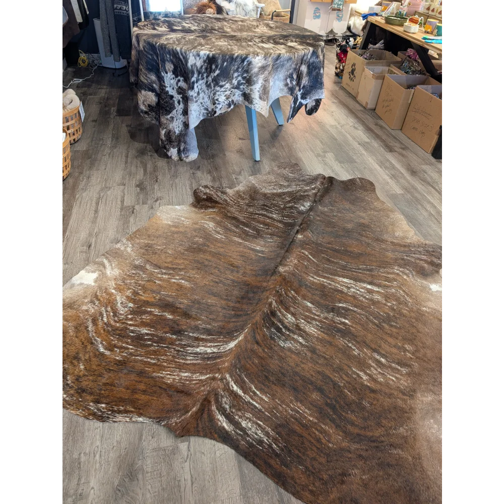Extra large cowhide rug tricolour 117 with brown and white rustic charm and unique textured patterns