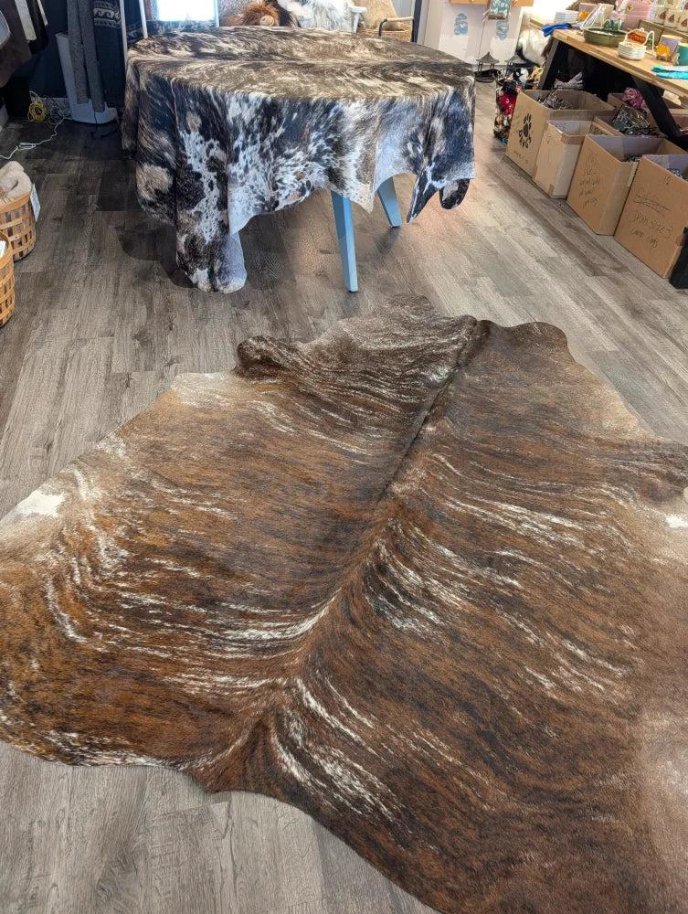 Extra large cowhide rug tricolour 117 with brown and white rustic charm and unique textured patterns