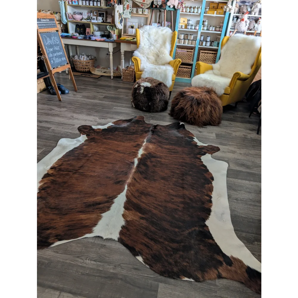 Brown and white tricolour16 extra large cowhide rug 86x82 with natural fur texture perfect large cowhide decor