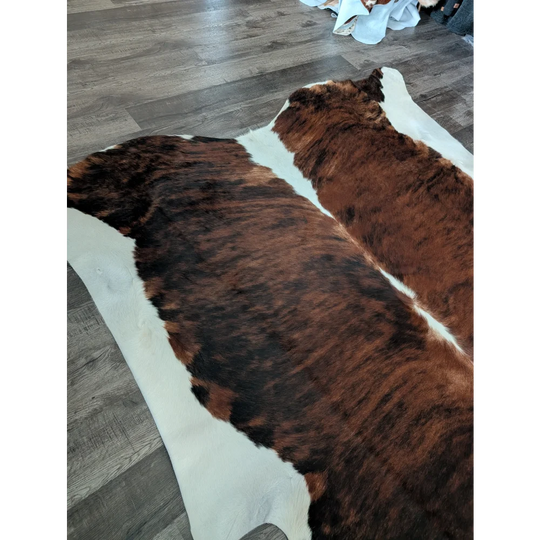 Brown and white extra large cowhide rug with natural textured fur surface tricolour16 86x82 inches
