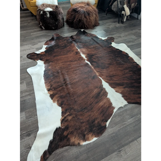 Brown and white tricolour 16 extra large cowhide rug 86 by 82 inches with natural fur texture perfect for large spaces