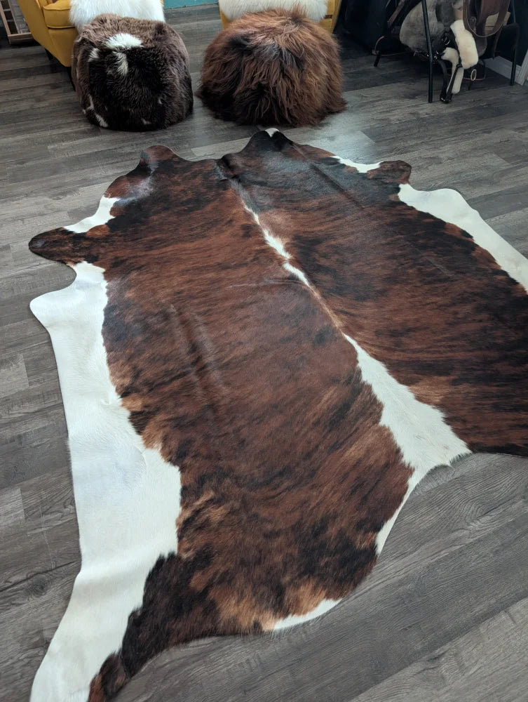 Brown and white tricolour 16 extra large cowhide rug 86 by 82 inches with natural fur texture perfect for large spaces