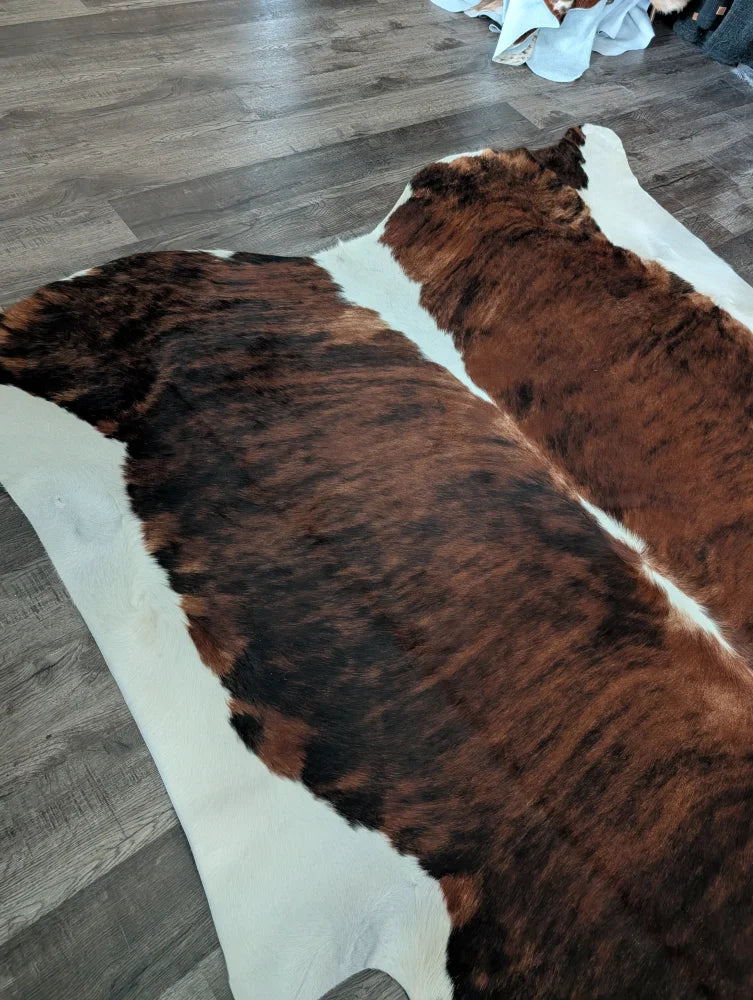 Brown and white extra large cowhide rug with natural textured fur surface tricolour16 86x82 inches