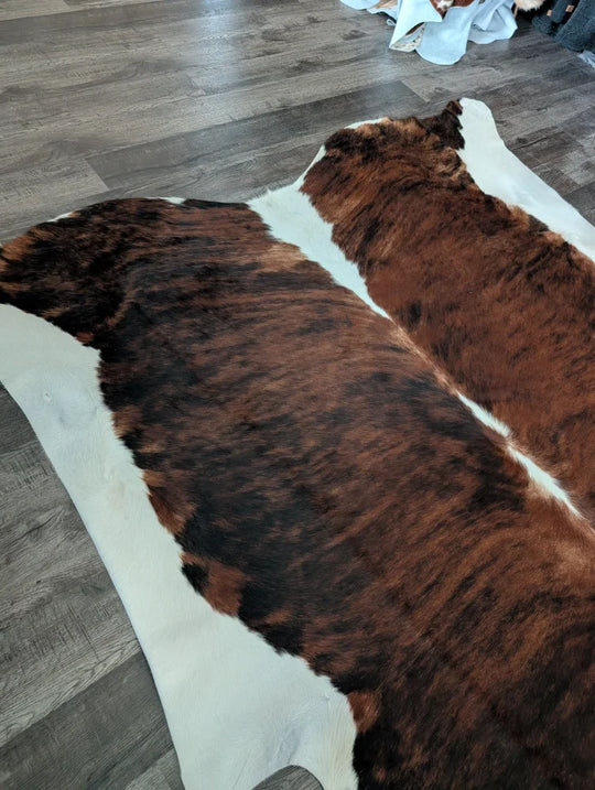 Brown and white extra large cowhide rug with natural textured fur surface tricolour16 86x82 inches