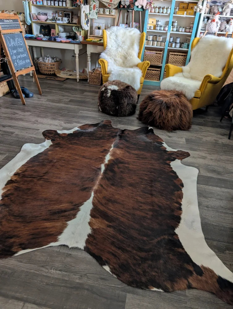 Brown and white tricolour16 extra large cowhide rug 86x82 with natural fur texture perfect large cowhide decor