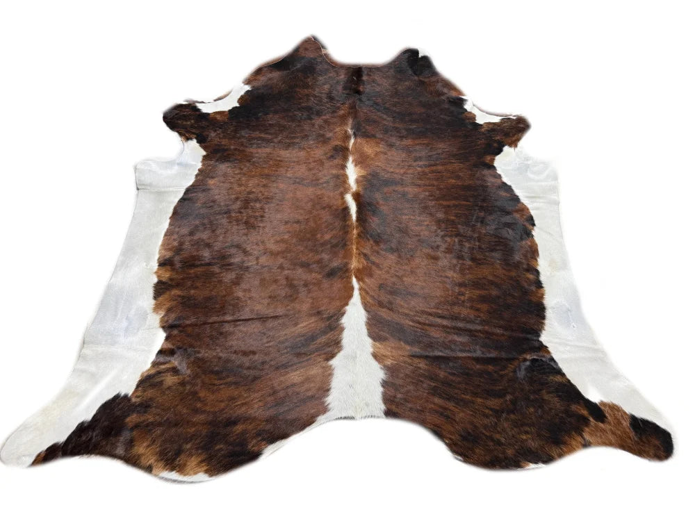 Brown and white tricolour extra large cowhide rug with natural fur texture perfect for beautiful rugs decor