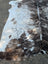 A large cowhide rug with unique characteristics featuring a black and white spotted pattern and rustic charm