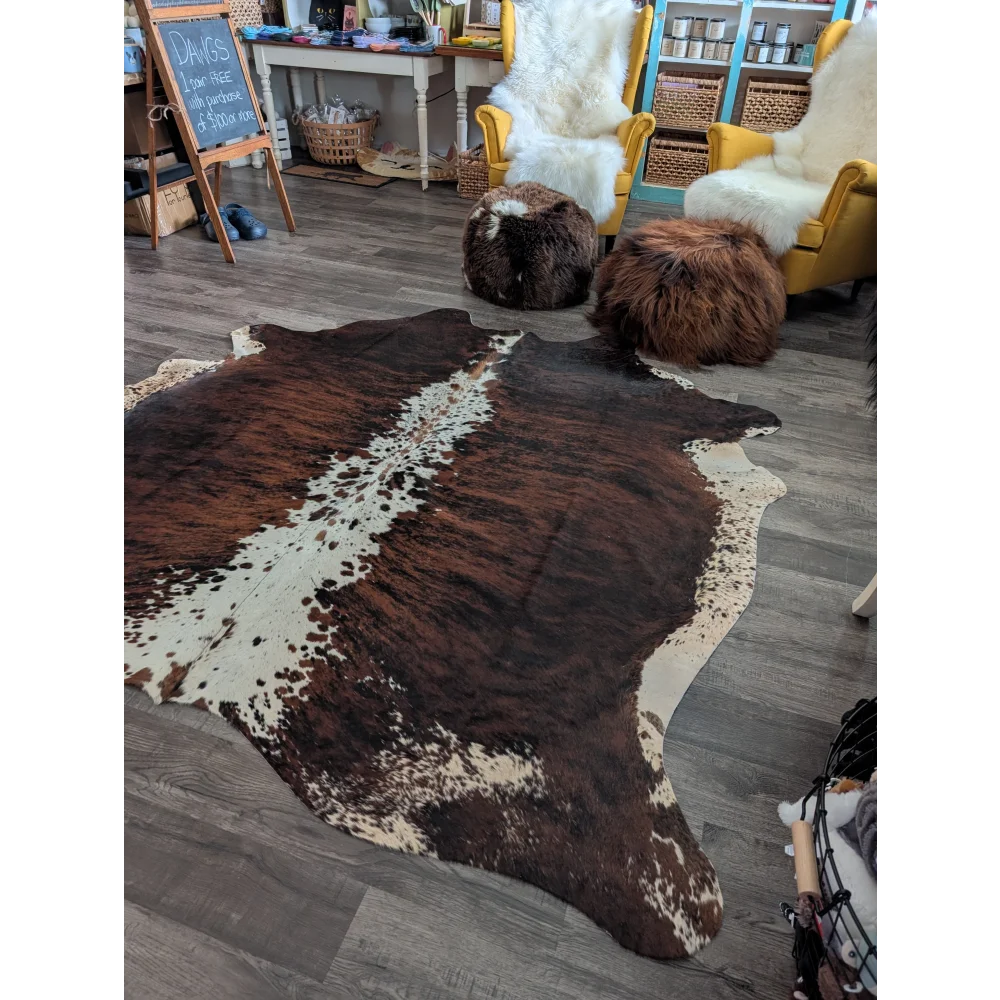 Brown and white extra large cowhide rug tricolour34 with natural irregular edges perfect for beautiful rugs