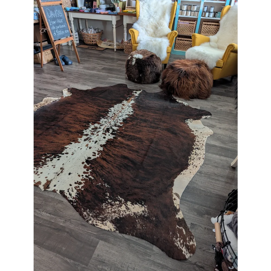 Brown and white extra large cowhide rug tricolour34 with natural irregular edges perfect for beautiful rugs